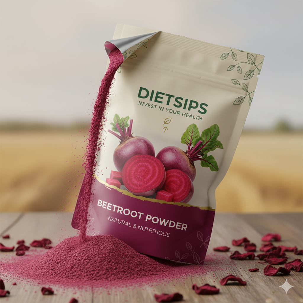 Bag of DIETSIPS Beetroot Powder with beetroot graphics on a wooden surface